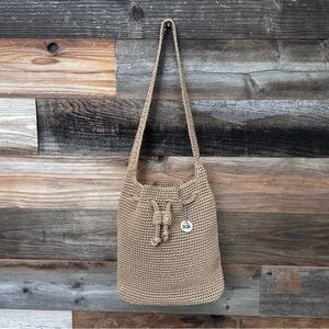 THE SAK Tan Khaki Crochet Shoulder Bag Drawstring Tote Purse Boho Hippie NWOT